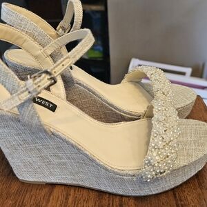 Nine West Beige Wedge Sandals with Embellishments